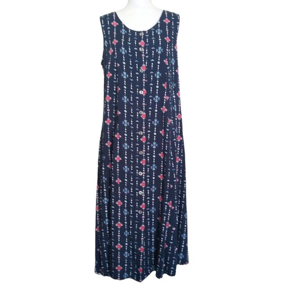Vtg Y2K Koret Blue Geometric Print Midi Shift Dress Plus Size 1X Sleeveless - Picture 1 of 6